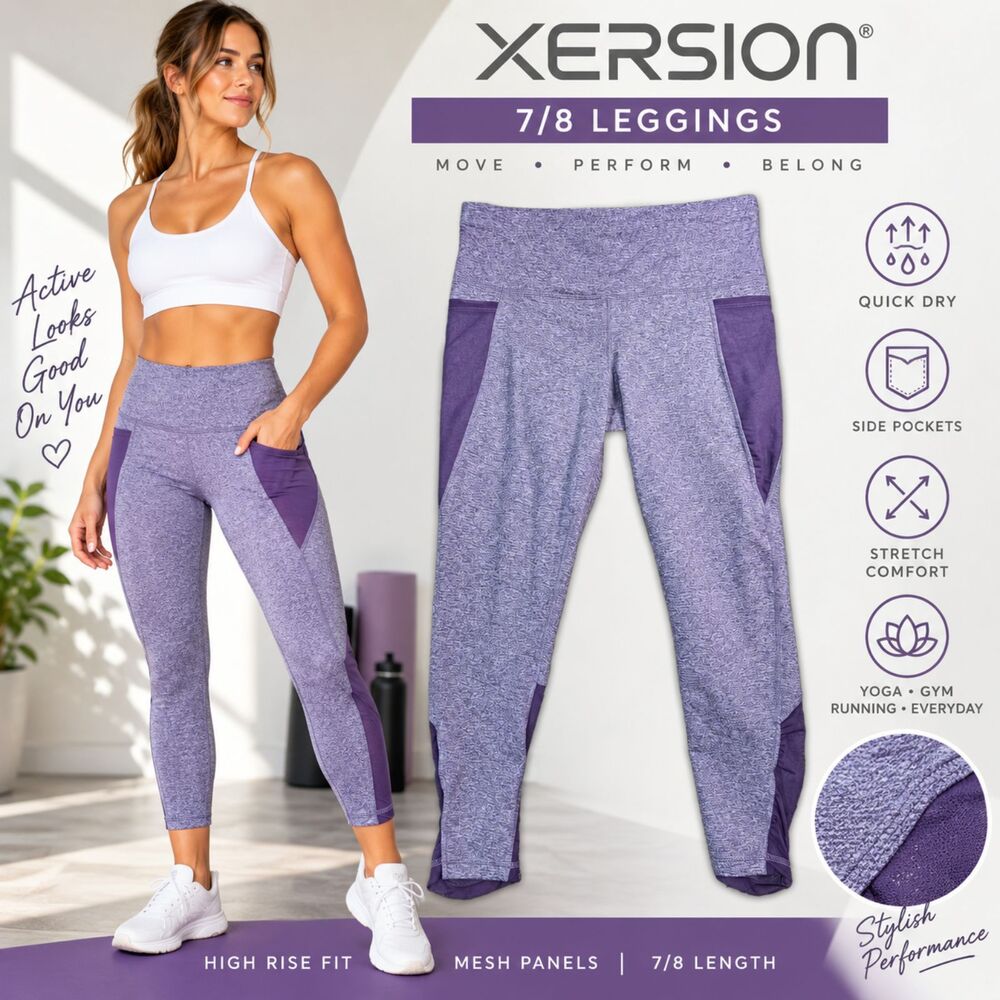 Xersion Purple 7/8 Leggings Womens L High Rise Mesh Pockets Quick Dri